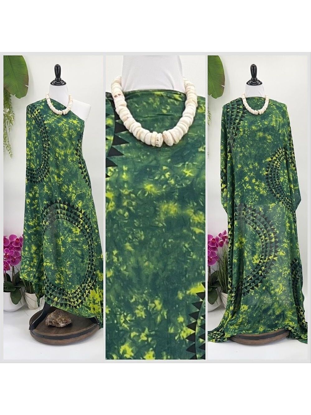 Green Tie Dye Hawaiian Tattoo Design MAXI SARONG Kīkepa Pareo Beach Wrap Skirt